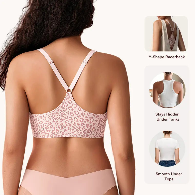 Women's Front Closure Elasticity Bralette, Easy On & Off, Light Support, Deep V-Neck Racerback, Seamless T-Shirt Bra 👙