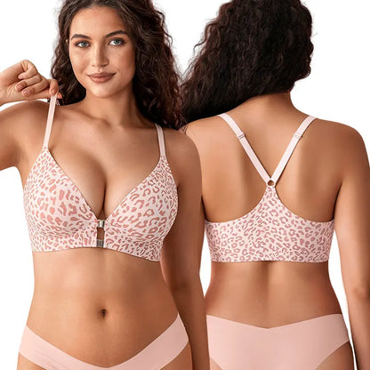 Women's Front Closure Elasticity Bralette, Easy On & Off, Light Support, Deep V-Neck Racerback, Seamless T-Shirt Bra 👙