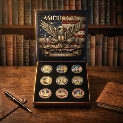 🎉🇺🇸 Limited Edition! 🔥🎁9PCS USA 250th Anniversary Commemorative Coin Gift Set