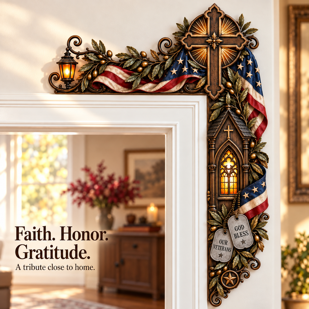 Faith, Honor & Gratitude Veteran Memorial Door Frame Corner Décor – Patriotic Cross, Soldier’s Dog Tags & Tribute Lantern Wall Accent