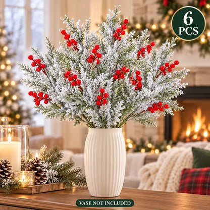 6 Pcs Artificial Frosted Christmas Pine-Cedar Stems with Red Berries, Snowy Evergreen Picks for Holiday Vase Decor 🎄