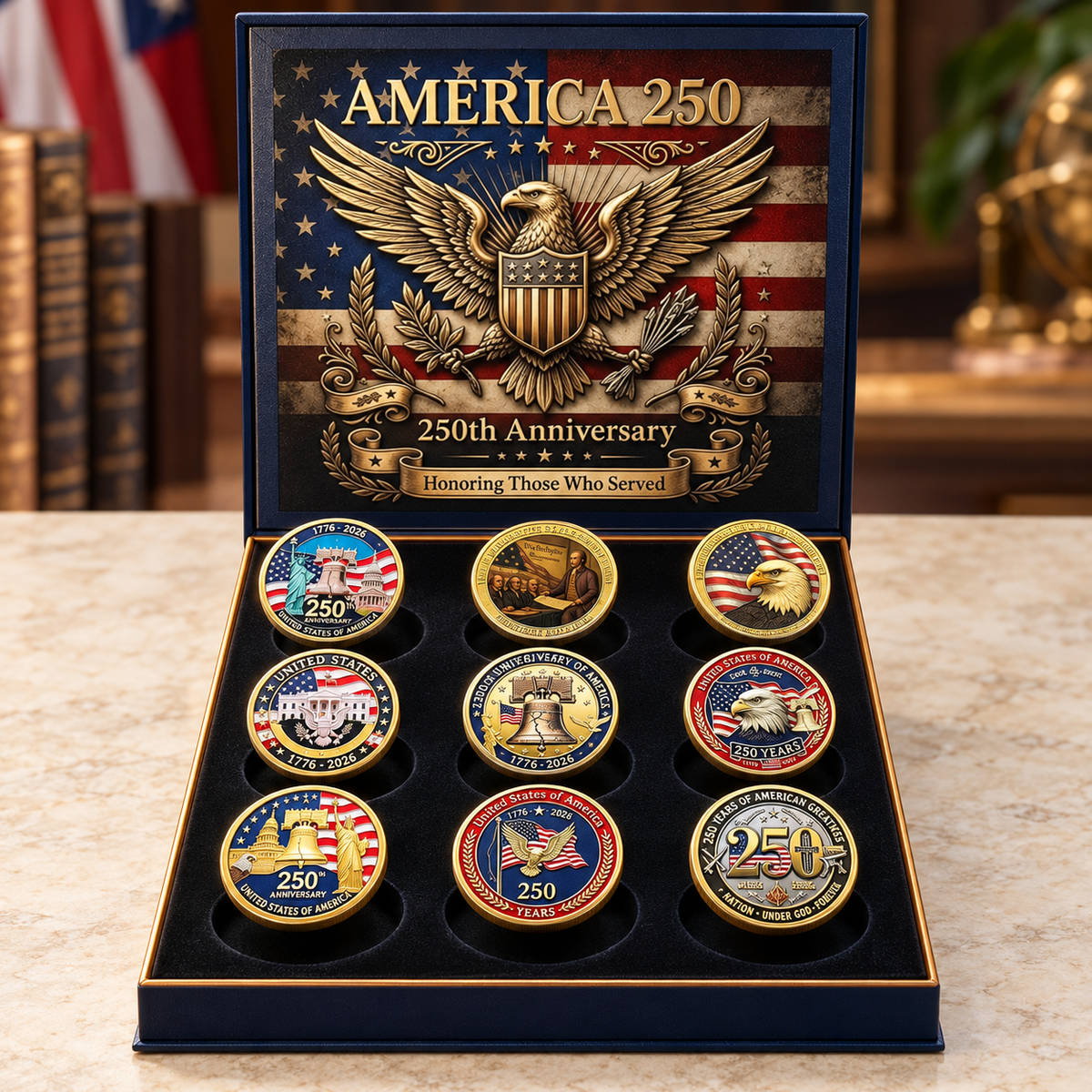🏆🇺🇸 Limited Edition! 🔥9PCS USA 250th Anniversary Commemorative Coin Gift Set