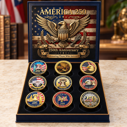 🏆🇺🇸 Limited Edition! 🔥9PCS USA 250th Anniversary Commemorative Coin Gift Set