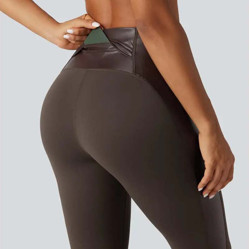 High Waisted Stretchy PU Tummy Control Yoga Leggings with Pocket 🖤✨