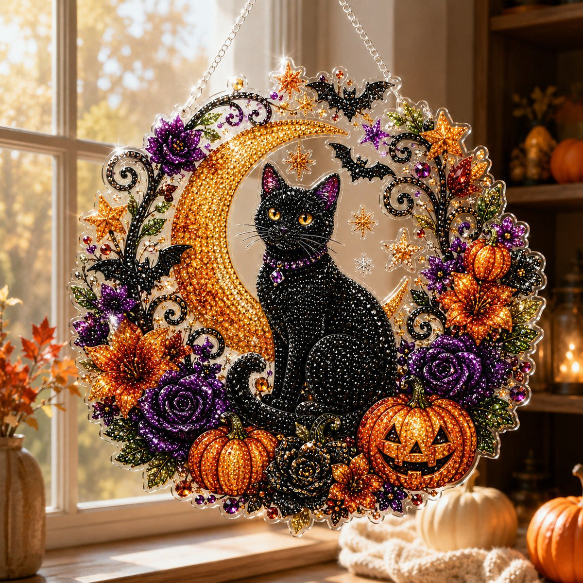 🔥🎃Halloween Black Cat Moon Diamond Art Hanging Ornament Kit