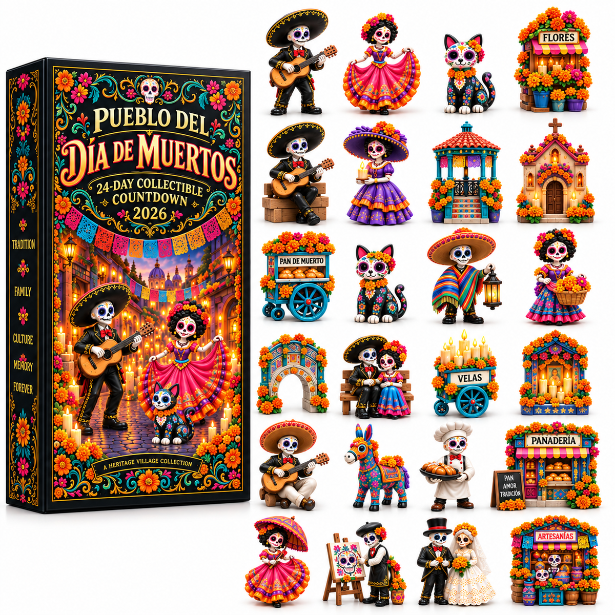 🎉🇺🇸 Limited Edition! 🔥Pueblo del Día de Muertos 2026 – 24-Day Day of the Dead Collectible Countdown Calendar with 24 Unique Miniatures