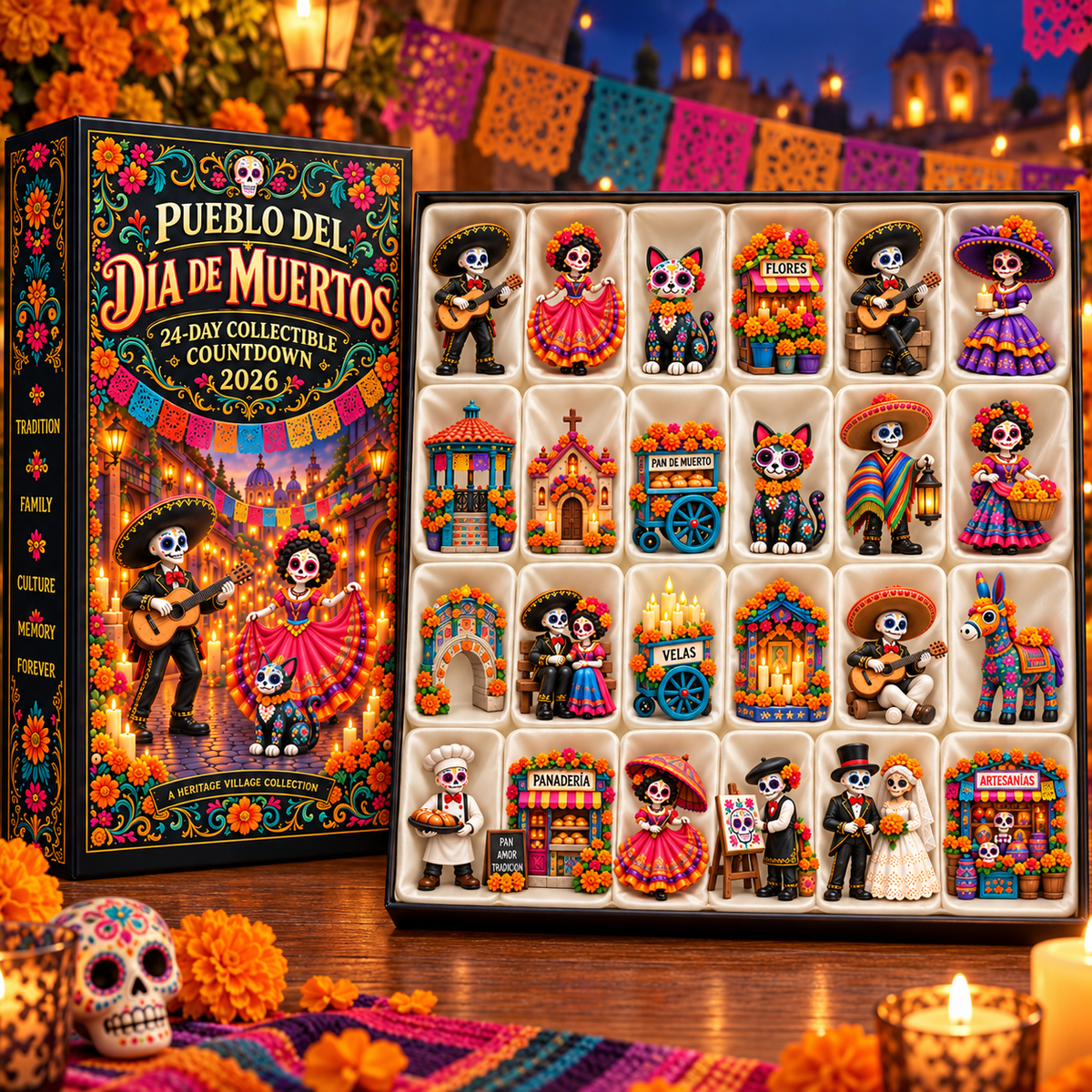 🎉🇺🇸 Limited Edition! 🔥Pueblo del Día de Muertos 2026 – 24-Day Day of the Dead Collectible Countdown Calendar with 24 Unique Miniatures