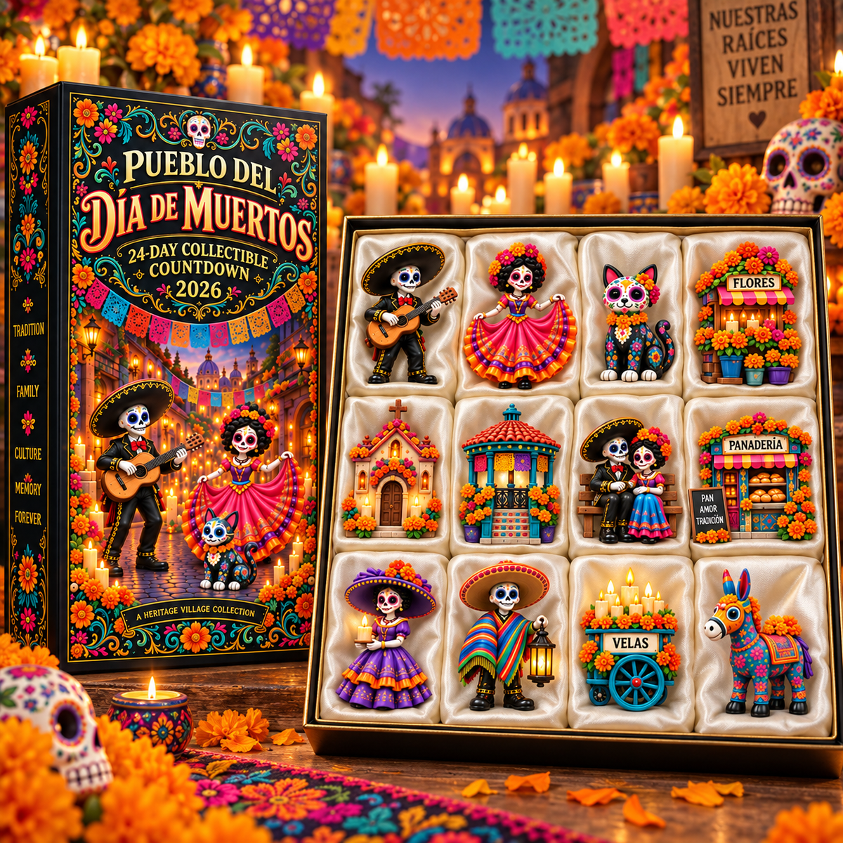 🎉🇺🇸 Limited Edition! 🔥Pueblo del Día de Muertos 2026 – 24-Day Day of the Dead Collectible Countdown Calendar with 24 Unique Miniatures