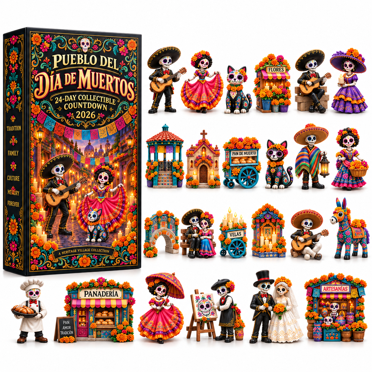 🎉🇺🇸 Limited Edition! 🔥Pueblo del Día de Muertos 2026 – 24-Day Day of the Dead Collectible Countdown Calendar with 24 Unique Miniatures
